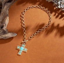 Load image into Gallery viewer, Turquoise Hammered Cross Necklace
