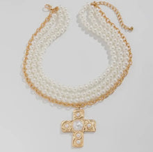Load image into Gallery viewer, Multi Wrap Pearl Cross Necklace
