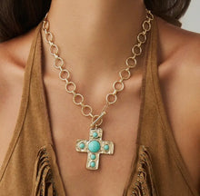Load image into Gallery viewer, Turquoise Hammered Cross Necklace
