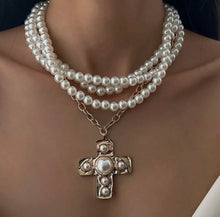 Load image into Gallery viewer, Multi Wrap Pearl Cross Necklace
