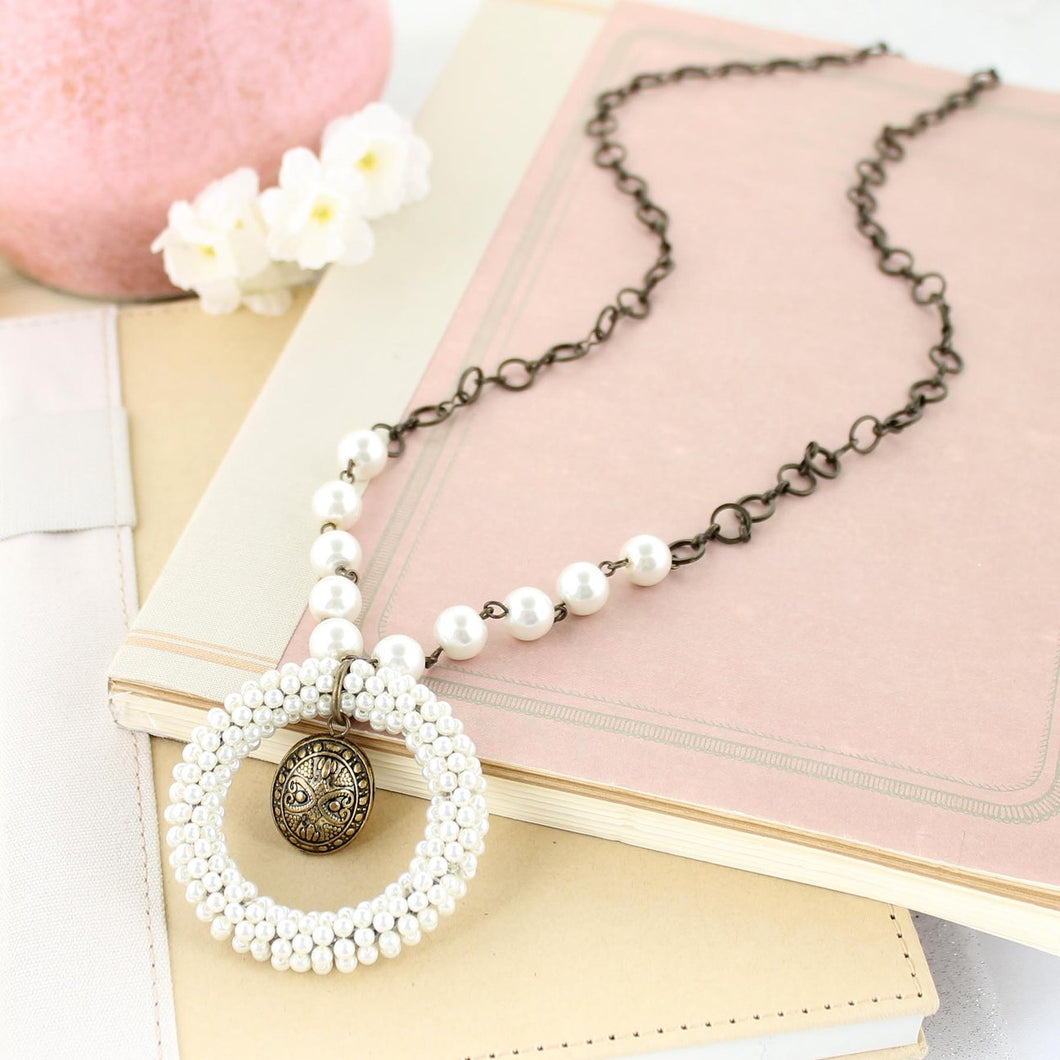 34” Pearl Seed Bead Circle Pendant Necklace