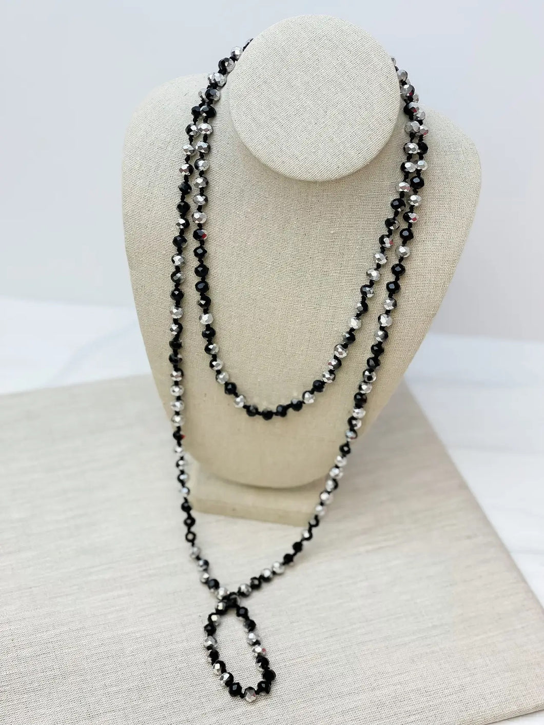 Black and Silver Long Beaded Necklace